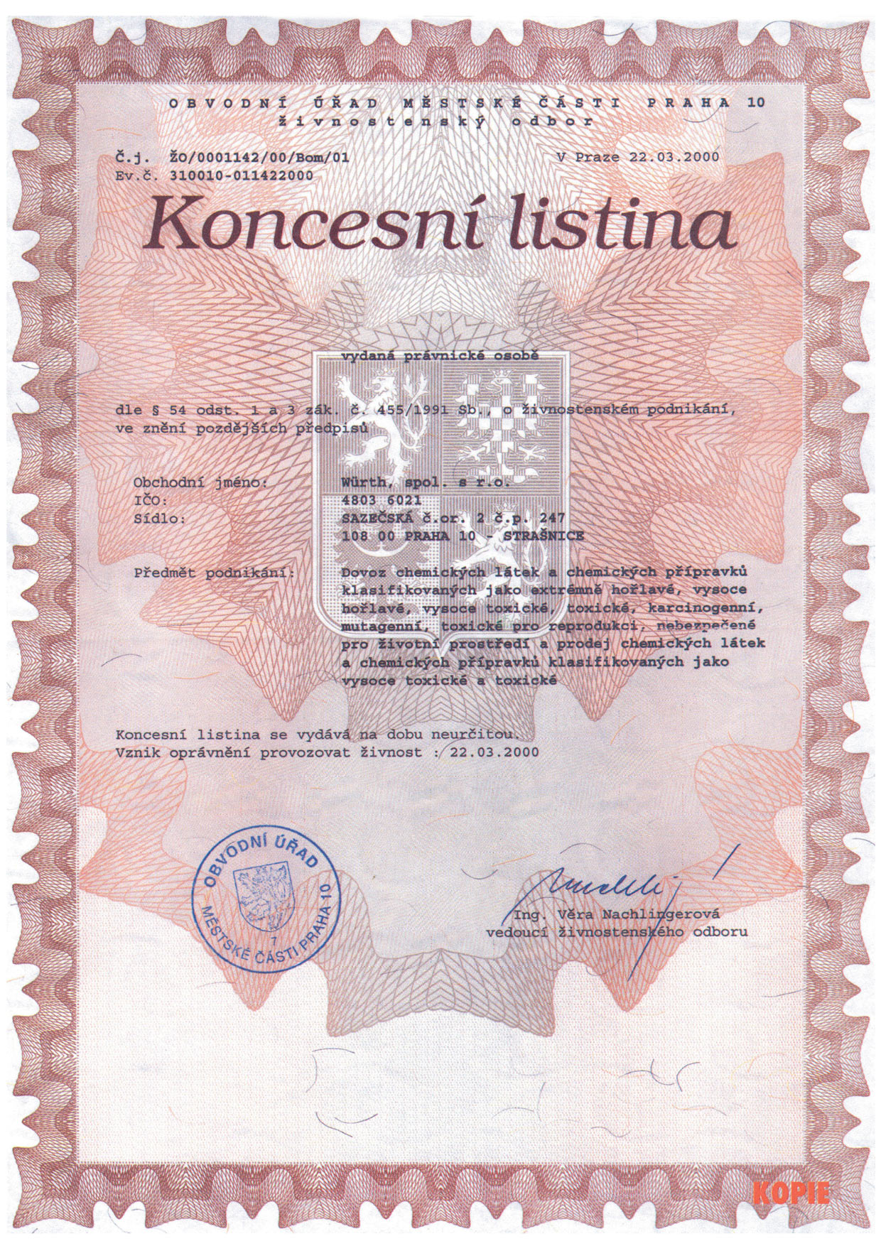 Koncesní listina.